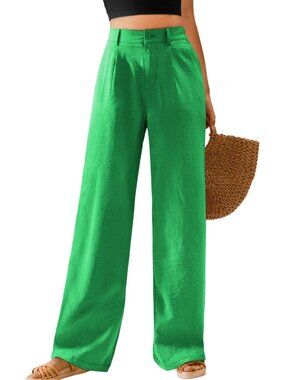 Women's Green High Waisted Button Down Straight Long Casual Wide Leg Pants